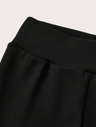 SHEIN Serisse Kids بنطلون كاجوال مناسب للفتيات المراهقات، بتصميم بسيط وقابل للتمدد، مبطن بالحرارة، مناسب للعودة إلى المدرسة، بنطلون أسود واسع