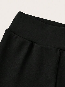 SHEIN Serisse Kids بنطلون كاجوال مناسب للفتيات المراهقات، بتصميم بسيط وقابل للتمدد، مبطن بالحرارة، مناسب للعودة إلى المدرسة، بنطلون أسود واسع