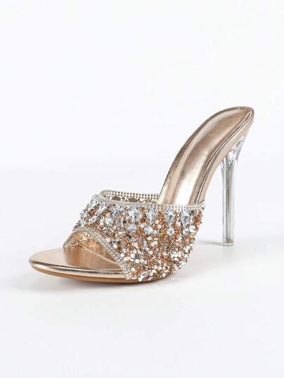 كعب عالي للنساء، رؤوس مستديرة، كعب شفاف، مريح، فاخر، مرصع بأحجار الراين اللامعة، مناسب للحفلات والتجمعات والسهرات، صنادل نسائية عصرية للربيع والصيف