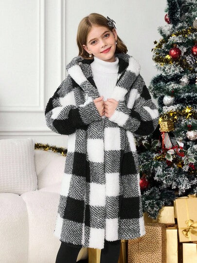 SHEIN Serisse Kids معطف كاجوال متوسط الطول ذو قلنسوة مطبوع بنمط مربعات أبيض وأسود ذو وجهين، للبنات المراهقات، للارتداء اليومي الكاجوال في فصلي الخريف والشتاء، للعودة إلى المدرسة