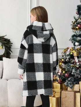 SHEIN Serisse Kids معطف كاجوال متوسط الطول ذو قلنسوة مطبوع بنمط مربعات أبيض وأسود ذو وجهين، للبنات المراهقات، للارتداء اليومي الكاجوال في فصلي الخريف والشتاء، للعودة إلى المدرسة