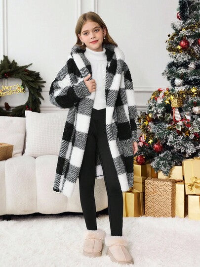 SHEIN Serisse Kids معطف كاجوال متوسط الطول ذو قلنسوة مطبوع بنمط مربعات أبيض وأسود ذو وجهين، للبنات المراهقات، للارتداء اليومي الكاجوال في فصلي الخريف والشتاء، للعودة إلى المدرسة