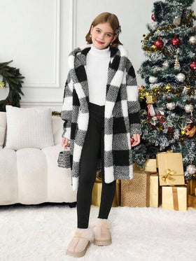 SHEIN Serisse Kids معطف كاجوال متوسط الطول ذو قلنسوة مطبوع بنمط مربعات أبيض وأسود ذو وجهين، للبنات المراهقات، للارتداء اليومي الكاجوال في فصلي الخريف والشتاء، للعودة إلى المدرسة