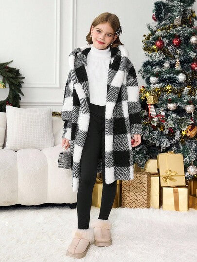 SHEIN Serisse Kids معطف كاجوال متوسط الطول ذو قلنسوة مطبوع بنمط مربعات أبيض وأسود ذو وجهين، للبنات المراهقات، للارتداء اليومي الكاجوال في فصلي الخريف والشتاء، للعودة إلى المدرسة