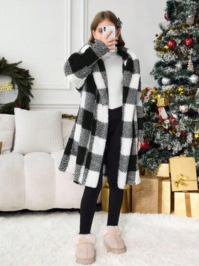 SHEIN Serisse Kids معطف كاجوال متوسط الطول ذو قلنسوة مطبوع بنمط مربعات أبيض وأسود ذو وجهين، للبنات المراهقات، للارتداء اليومي الكاجوال في فصلي الخريف والشتاء، للعودة إلى المدرسة