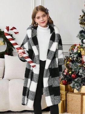 SHEIN Serisse Kids معطف كاجوال متوسط الطول ذو قلنسوة مطبوع بنمط مربعات أبيض وأسود ذو وجهين، للبنات المراهقات، للارتداء اليومي الكاجوال في فصلي الخريف والشتاء، للعودة إلى المدرسة
