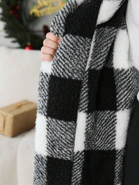 SHEIN Serisse Kids معطف كاجوال متوسط الطول ذو قلنسوة مطبوع بنمط مربعات أبيض وأسود ذو وجهين، للبنات المراهقات، للارتداء اليومي الكاجوال في فصلي الخريف والشتاء، للعودة إلى المدرسة