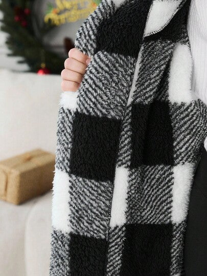 SHEIN Serisse Kids معطف كاجوال متوسط الطول ذو قلنسوة مطبوع بنمط مربعات أبيض وأسود ذو وجهين، للبنات المراهقات، للارتداء اليومي الكاجوال في فصلي الخريف والشتاء، للعودة إلى المدرسة
