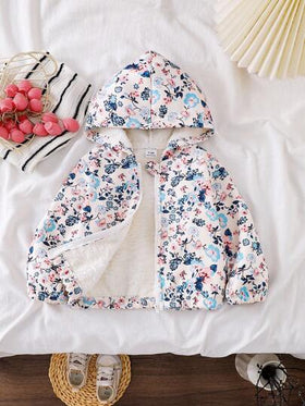 SHEIN معطف طويل الأكمام مطبوع بالزهور للأطفال الصغار، جاكيت كارديجان قابلة للسحب أمامية مريحة وكاجوال للشتاء