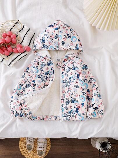SHEIN معطف طويل الأكمام مطبوع بالزهور للأطفال الصغار، جاكيت كارديجان قابلة للسحب أمامية مريحة وكاجوال للشتاء