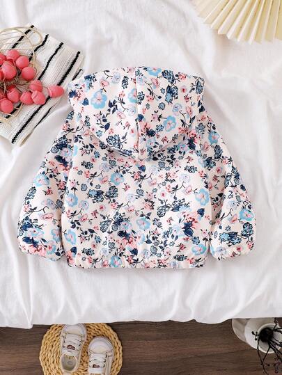 SHEIN معطف طويل الأكمام مطبوع بالزهور للأطفال الصغار، جاكيت كارديجان قابلة للسحب أمامية مريحة وكاجوال للشتاء