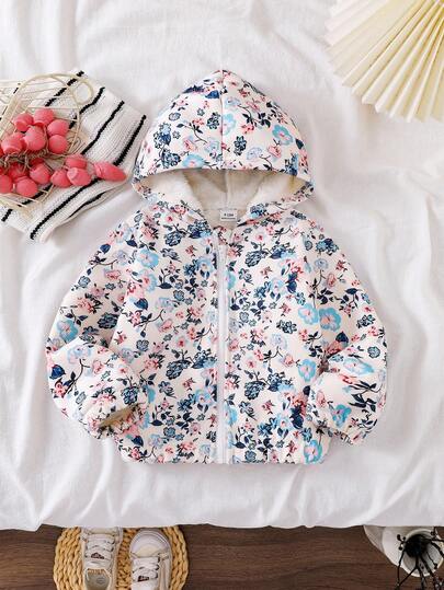 SHEIN معطف طويل الأكمام مطبوع بالزهور للأطفال الصغار، جاكيت كارديجان قابلة للسحب أمامية مريحة وكاجوال للشتاء