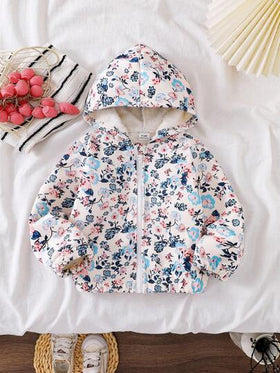 SHEIN معطف طويل الأكمام مطبوع بالزهور للأطفال الصغار، جاكيت كارديجان قابلة للسحب أمامية مريحة وكاجوال للشتاء