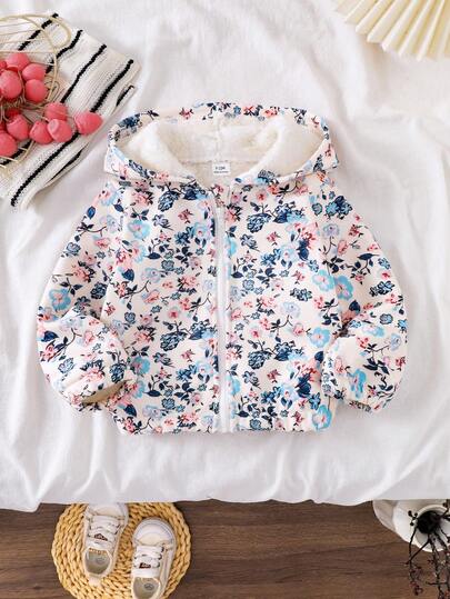 SHEIN معطف طويل الأكمام مطبوع بالزهور للأطفال الصغار، جاكيت كارديجان قابلة للسحب أمامية مريحة وكاجوال للشتاء