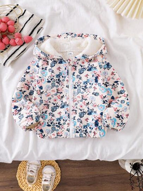 SHEIN معطف طويل الأكمام مطبوع بالزهور للأطفال الصغار، جاكيت كارديجان قابلة للسحب أمامية مريحة وكاجوال للشتاء