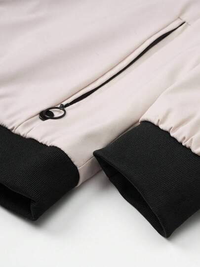 Manfinity Homme معطف كاجوال طويل الأكمام للرجال، لون متباين مرقع، معطف رياضي فضفاض مفتوح بسحاب للخريف، ملابس خارجية بيضاء