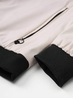 Manfinity Homme معطف كاجوال طويل الأكمام للرجال، لون متباين مرقع، معطف رياضي فضفاض مفتوح بسحاب للخريف، ملابس خارجية بيضاء