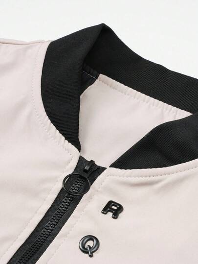 Manfinity Homme معطف كاجوال طويل الأكمام للرجال، لون متباين مرقع، معطف رياضي فضفاض مفتوح بسحاب للخريف، ملابس خارجية بيضاء