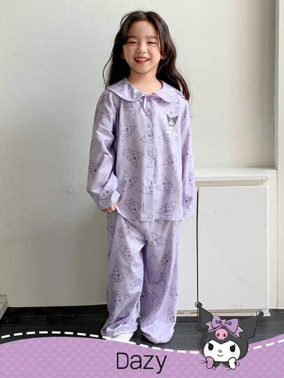 DAZY HELLO KITTY AND FRIENDS | SHEIN طقم بيجامة من ملابس علوية كم طويل مزينة برسوم كرتونية لفتاة صغيرة وبنطلون فضفاض، مناسب للربيع والخريف رمضان