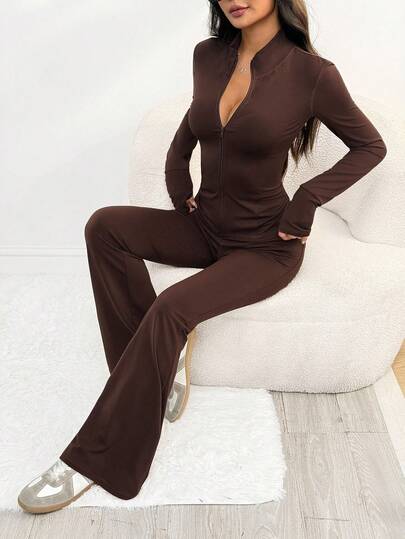 SHEIN PETITE مجموعة بنطلون ولباس علوي بأكمام طويلة ذات لون أحادي مناسبة للنساء، قطعتان