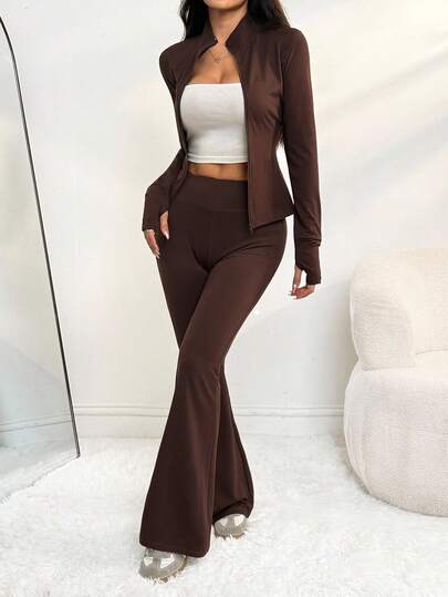 SHEIN PETITE مجموعة بنطلون ولباس علوي بأكمام طويلة ذات لون أحادي مناسبة للنساء، قطعتان