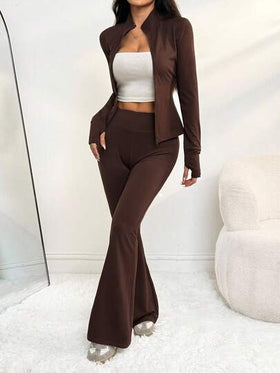 SHEIN PETITE مجموعة بنطلون ولباس علوي بأكمام طويلة ذات لون أحادي مناسبة للنساء، قطعتان