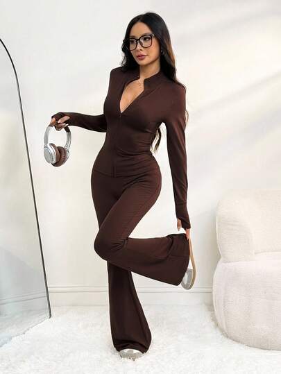 SHEIN PETITE مجموعة بنطلون ولباس علوي بأكمام طويلة ذات لون أحادي مناسبة للنساء، قطعتان