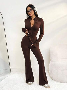 SHEIN PETITE مجموعة بنطلون ولباس علوي بأكمام طويلة ذات لون أحادي مناسبة للنساء، قطعتان