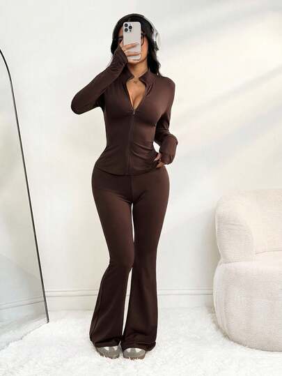 SHEIN PETITE مجموعة بنطلون ولباس علوي بأكمام طويلة ذات لون أحادي مناسبة للنساء، قطعتان