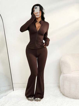SHEIN PETITE مجموعة بنطلون ولباس علوي بأكمام طويلة ذات لون أحادي مناسبة للنساء، قطعتان