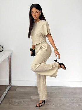 SHEIN PETITE مجموعة بلوزة وبنطلون ملون بطيات للنساء 2 قطعة، بدلة كاجوال رسمية، ملابس عمل للنساء، ملابس للمعلمات، طقم كاجوال من قطعتين للنساء