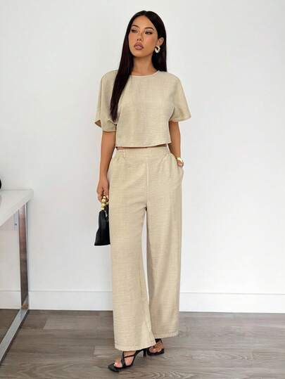 SHEIN PETITE مجموعة بلوزة وبنطلون ملون بطيات للنساء 2 قطعة، بدلة كاجوال رسمية، ملابس عمل للنساء، ملابس للمعلمات، طقم كاجوال من قطعتين للنساء