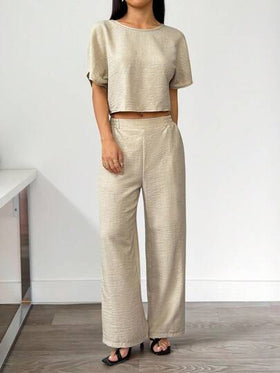SHEIN PETITE مجموعة بلوزة وبنطلون ملون بطيات للنساء 2 قطعة، بدلة كاجوال رسمية، ملابس عمل للنساء، ملابس للمعلمات، طقم كاجوال من قطعتين للنساء