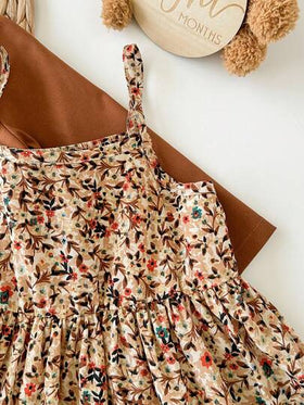 SHEIN طقم فستان كاميسول كاجوال مزخرف بزهور صغيرة وجاكيت بني للبنات الصغيرات