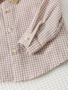 Cozy Pixies مجموعة قميص كارديجان بأكمام طويلة وربطة عنق فراشة وبنطال بخصر مطاطي للأطفال الصبيان، قماش مريح متعدد الاستخدامات بتصميم بسيط وجذاب، مناسب للاستخدام في المنزل والخارج واليومي والرياضة والحفلات والتصوير والمناسبات، باللون الخاكي، 2 قطعة