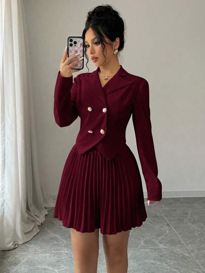 Selianne بدلة نسائية أنيقة مكونة من ملابس علوية بأكمام طويلة بياقة شال وأزرار أمامية وتنورة على شكل حرف A، متناسقة بألوان سادة