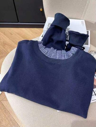 GlowEve بلوزة رياضية نسائية عصرية بياقة مستديرة وفضفاضة، لون أزرق داكن ذات تصميم لوحات منقوشة وأكمام فانوس، مناسبة للارتداء اليومي والكاجوال والحرم الجامعي والمواعدة