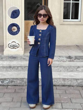 SHEIN بلوزة كاجوال بأكمام طويلة منتفخة وياقة على شكل حرف V، وجاكيت جينز وبنطلون جينز واسع الساق، طقم قطعتين كاجوال بطراز كولومبي، ملابس مريحة وعملية وقابلة للتنوع، قماش ناعم، ملابس خريفية وشتوية للفتيات للعودة إلى المدرسة والحفلات، ملابس الشارع