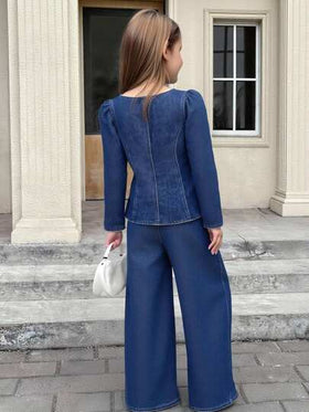 SHEIN بلوزة كاجوال بأكمام طويلة منتفخة وياقة على شكل حرف V، وجاكيت جينز وبنطلون جينز واسع الساق، طقم قطعتين كاجوال بطراز كولومبي، ملابس مريحة وعملية وقابلة للتنوع، قماش ناعم، ملابس خريفية وشتوية للفتيات للعودة إلى المدرسة والحفلات، ملابس الشارع
