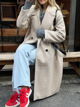 معطف دافئ للنساء من SMILE CHIC، موضة ياقة مزدوجة الصدر متوسط الطول فضفاض، قماش صوف اصطناعي دافئ، مناسب للارتداء اليومي والخروج والمناسبات، موسم الخريف/الشتاء