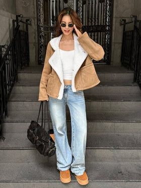 SHEIN ICON معطف نسائي فضفاض منتظم من الجلد المدبب المخملي ذو طوق منقلب، لون كاكي، للخريف/الشتاء