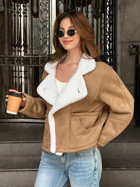 SHEIN ICON معطف نسائي فضفاض منتظم من الجلد المدبب المخملي ذو طوق منقلب، لون كاكي، للخريف/الشتاء