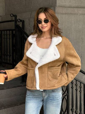 SHEIN ICON معطف نسائي فضفاض منتظم من الجلد المدبب المخملي ذو طوق منقلب، لون كاكي، للخريف/الشتاء
