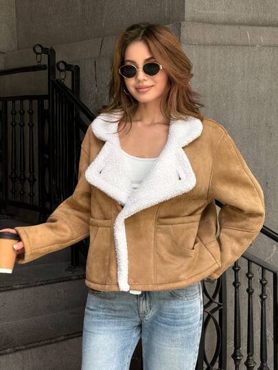 SHEIN ICON معطف نسائي فضفاض منتظم من الجلد المدبب المخملي ذو طوق منقلب، لون كاكي، للخريف/الشتاء