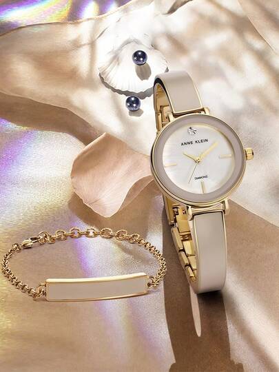 Anne Klein ساعة نسائية مع سوار مرصعة بالألماس، ساعة كوارتز نسائية مع قرص مرصع بالألماس وسوار قابل للتعديل، ساعة أنالوج أنيقة للسيدات، AK/3620CRST