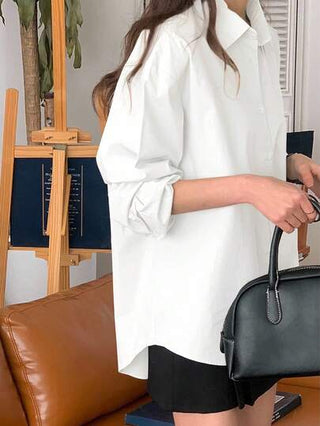 DAZY قميص نسائي فضفاض أحادي اللون بياقة منحنية وظهر مكشوف وأكمام طويلة، لون أخضر نعناعي، ملابس ربيع/صيف وخريف