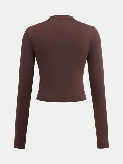 SHEIN طقم بنطلون قصير ولباس علوي كم طويل لون بني للفتيات المراهقات 2 قطعة، مناسب للخريف/الشتاء، للارتداء اليومي