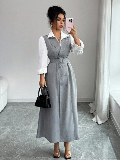 Elenzga فستان أنيق بدون أكمام مع خطوط منسوجة للنساء في فصل الخريف
