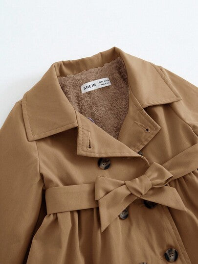SHEIN معطف بناتي طويل مبطن مُقاوم للحرارة بياقة انقلابية، بني محايد، موضة خريف/شتاء