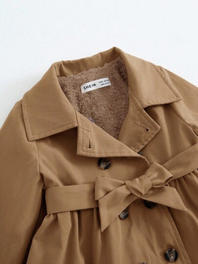 SHEIN معطف بناتي طويل مبطن مُقاوم للحرارة بياقة انقلابية، بني محايد، موضة خريف/شتاء